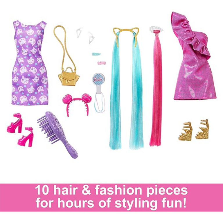 Barbie Fun & Fancy Set – Fashion Doll with Extra-Long Color-Streaked Hair & Styling Accessories مجموعة باربي المرح والأناقة – دمية أزياء بشعر طويل ملون وإكسسوارات تصفيف