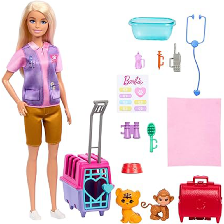 Barbie Careers Animal Rescue Playset  Blonde Doll with Baby Tiger & Monkey, Carrier & Accessories باربي  إنقاذ الحيوانات ورعايتها | دمية شقراء مع نمر صغير وقرد وإكسسوارات