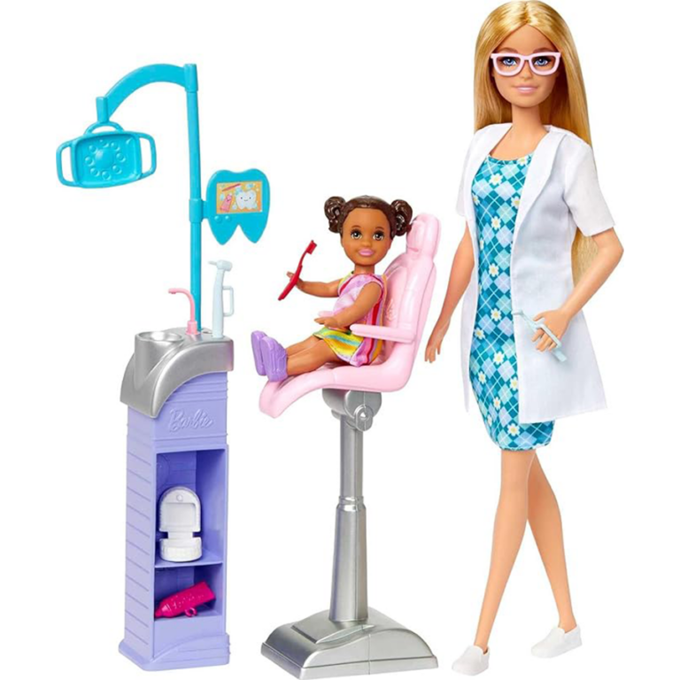 Barbie Careers Dentist Playset – Blonde Doll with Patient, Exam Chair & Accessories مجموعة باربي طبيبة الأسنان – دمية شقراء مع مريضة صغيرة وكرسي فحص وإكسسوارات