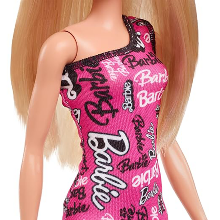 دمية باربي الأنيقة بشعر أشقر مستقيم وفستان وردي بكتف واحد وأحذية بطبعة الشعارBarbie Fashion Doll – Straight Blonde Hair with Pink One-Shoulder Dress & Logo-Print Shoes