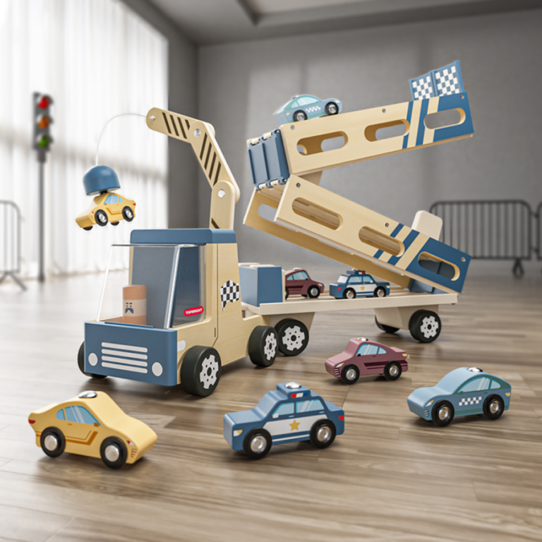 Roll & Race Car Transporter – 2-in-1 Wooden Car Transporter & Racetrack ناقلة السيارات مع مضمار سباق 2 في 1 – لعبة سيارات خشبية للأطفال