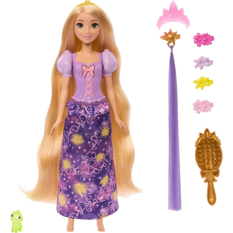 Mattel Disney Princess Rapunzel Fashion Doll with Light-Up Hair, Pascal Figure & 7 Styling Accessories دمية الأميرة رابونزل من ديزني ماتيل – شعر مضيء وإكسسوارات تصفيف