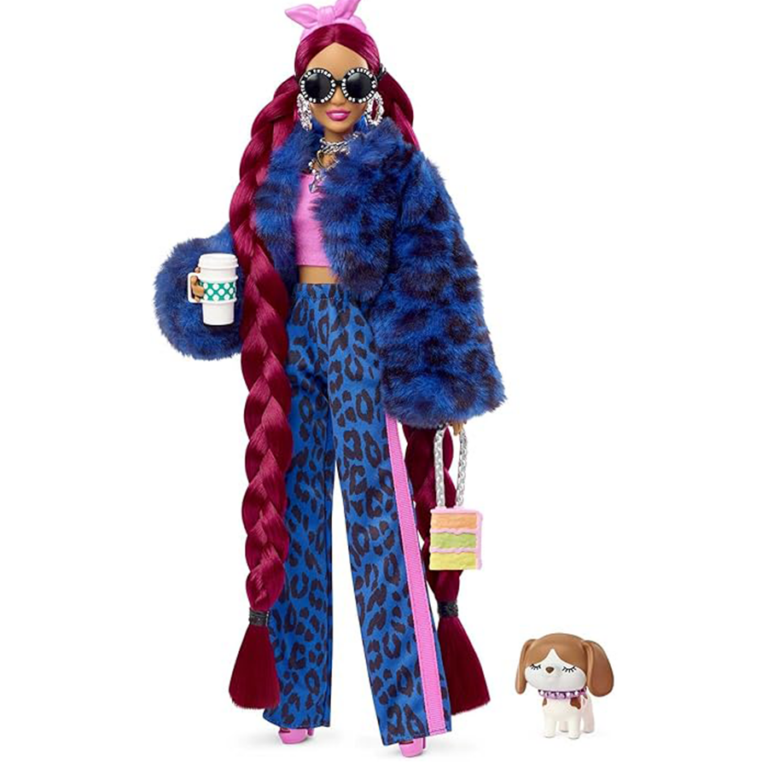 Barbie Extra Doll 17 Leopard-Print Pants, Furry Jacket, Long Hair & Puppy Pet دمية باربي إكسترا 17 بإطلالة النمر، شعر طويل، ومع جرو ظريف وإكسسوارات
