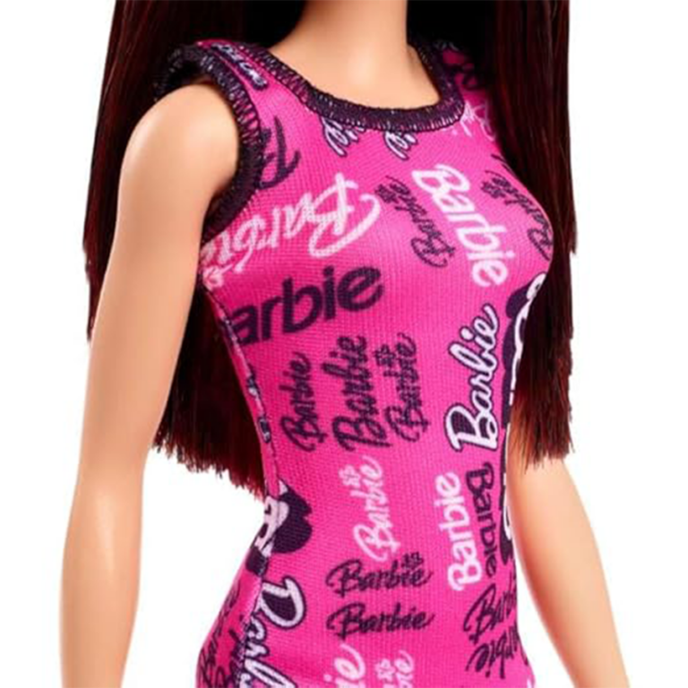 Barbie Fashion Doll Pink Tank Dress with Straight Dark Burgundy Hair & Logo-Print Shoes دمية باربي فاشن بفستان وردي كتّ و شعر خمري مستقيم وأحذية بطبعة الشعار