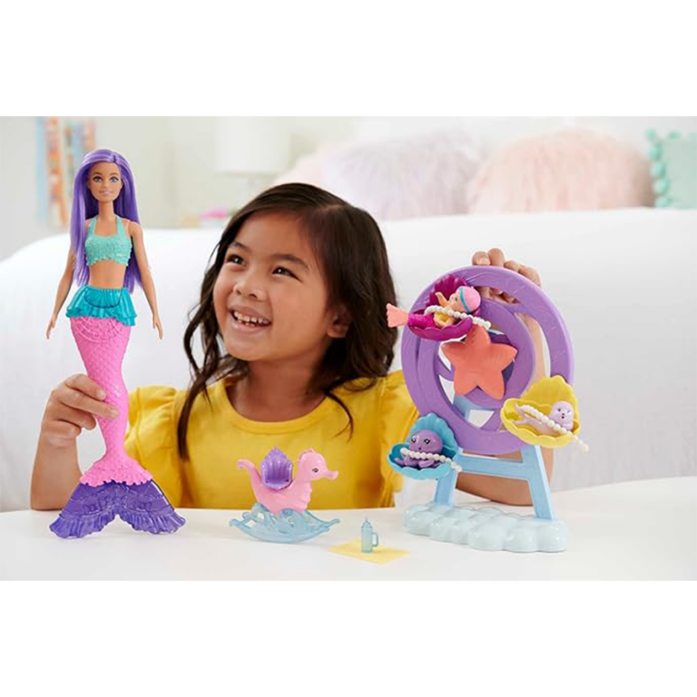 Barbie Mermaid Doll Nurturing Playset with Merbaby, Octopus & Seal دمية باربي حورية البحر مجموعة العناية مع طفل البحر وأخطبوط و فقمة