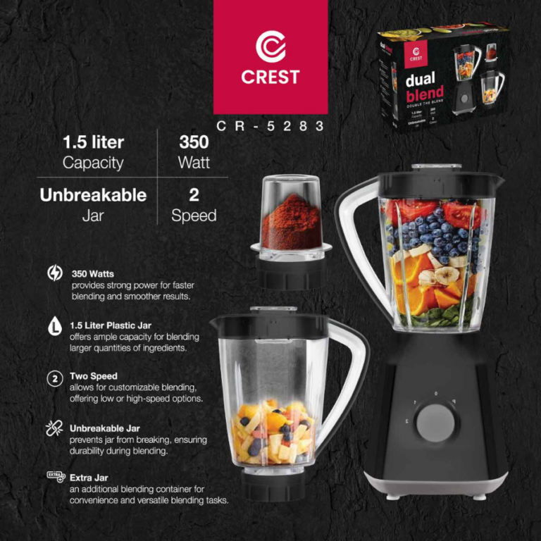 Crest CR-5283 Dual Blend Blender – 1.5L – 350W – With Extra Grinder Jar خلاط كريست ثنائي – مع مطحنة إضافية