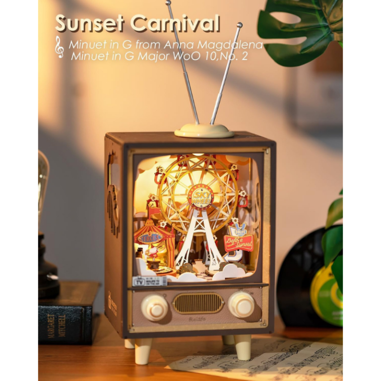 Luxury DIY Wooden Ferris Wheel Music Box – LED Light Model (Rolife Sunset Carnival AMT01) مجسم موسيقي خشبي فاخر – عجلة ملاهي بإضاءة LED (DIY للكبار)