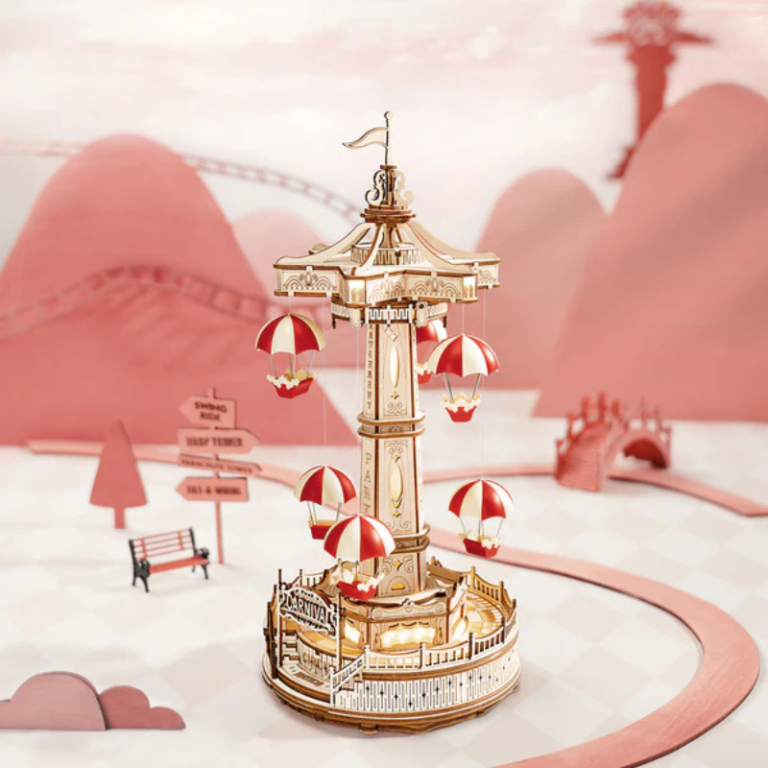 ROKR Parachute Tower EA01 3D Wooden Music Box – Amusement Park Series برج المظلات الموسيقي ثلاثي الأبعاد – لعبة ملاهي ميكانيكية مضيئة DIY