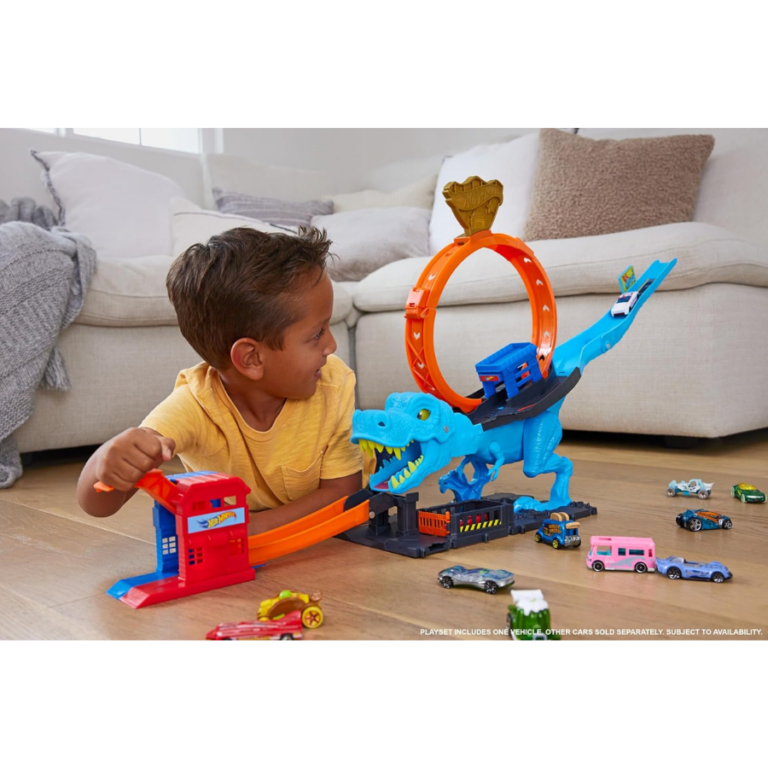 Hot Wheels City T-Rex Loop Stunt & Race Playset هوت ويلز مدينة الديناصور T-Rex – مسار سباق مع حلقة دوران عملاقة