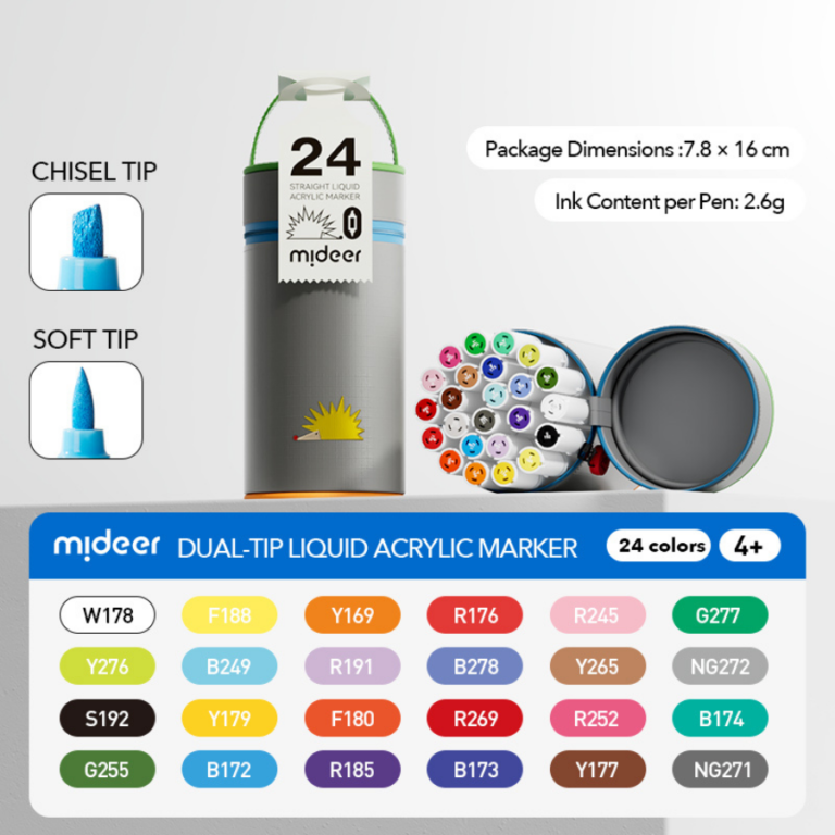 Mideer Dual-Tip Straight Liquid Acrylic Markers – 24 Colors MD2335 ميدير – أقلام أكريليك سائلة ثنائية الرأس – 24 لون