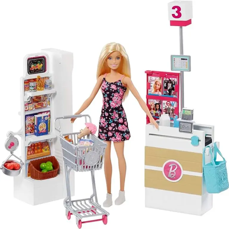 Barbie Doll & Supermarket Playset With 25 Grocery-Themed Accessories, Food, Counter &Shelves دمية باربي مع مجموعة السوبرماركت تشمل 25 قطعة من إكسسوارات البقالة