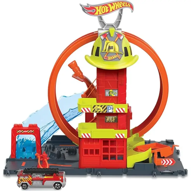 Hot Wheels City Fire Station – Includes Toy Car, Kid-Powered Elevator, Super Loop & Track Features مدينة هوت ويلز – محطة الإطفاء مع حلقة دوّارة وسيارة ومصعد يدوي