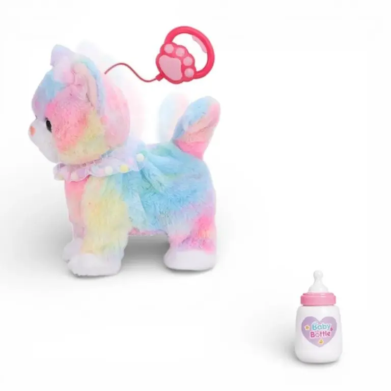 Interactive Walking Plush Cat Toy with Leash & Feeding Bottle قطة لعبة تفاعلية تمشي مع مقود وزجاجة رضاعة للأطفال