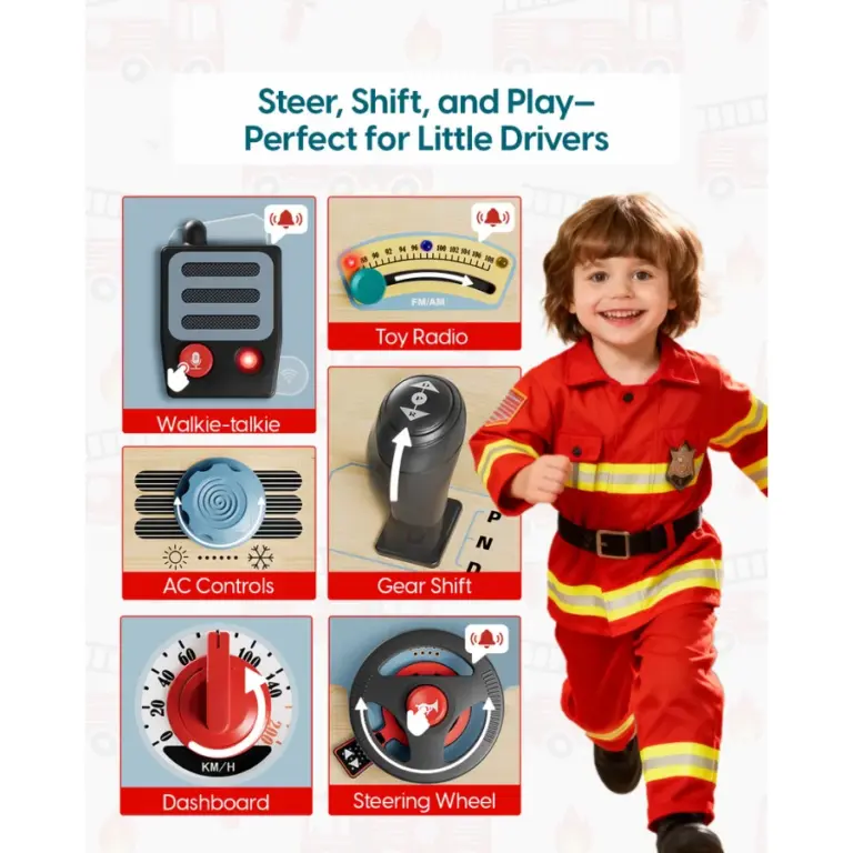 Kids Driving Busy Board – Fire Fighter Steering Activity Board لوحة قيادة الأطفال التفاعلية 16 في 1 – لوحة رجال الإطفاء مونتيسوري للقيادة