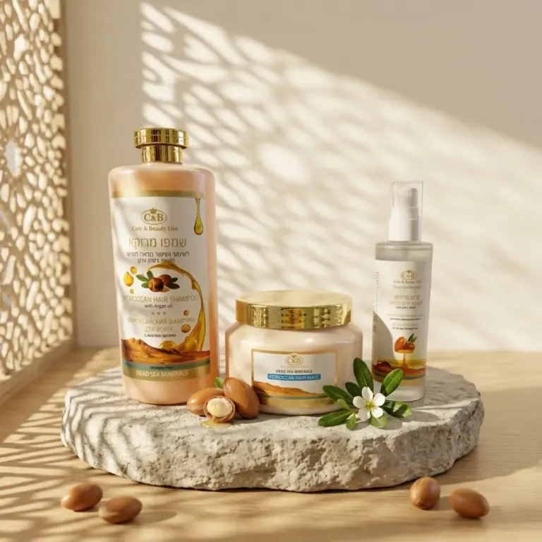 مجموعة العناية بالشعر المغربية من Care & Beauty Line (C&B)، المصممة خصيصاً للشعر الجاف والمتضرر، والتي تجمع بين زيت الأرغان ومعادن البحر الميت