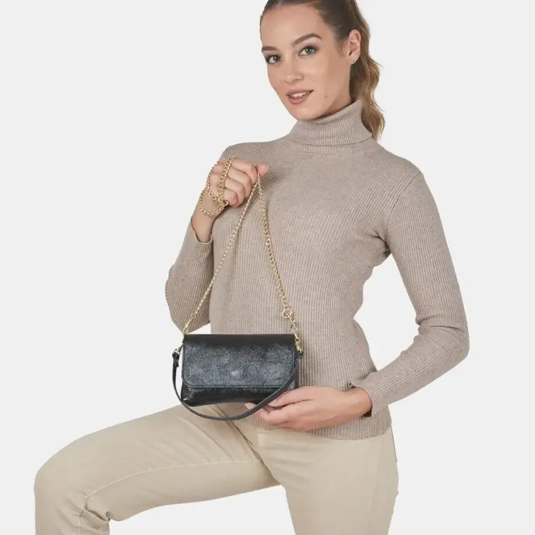 Metallic Leather Shoulder Bag with Chain