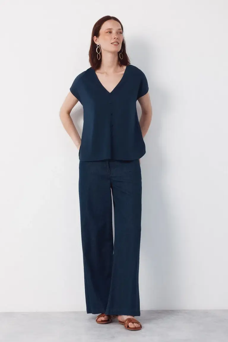 V-neck button-down shirt