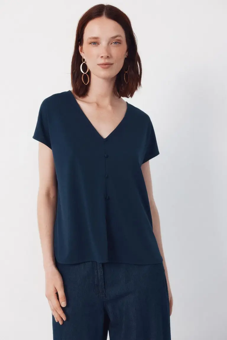 V-neck button-down shirt
