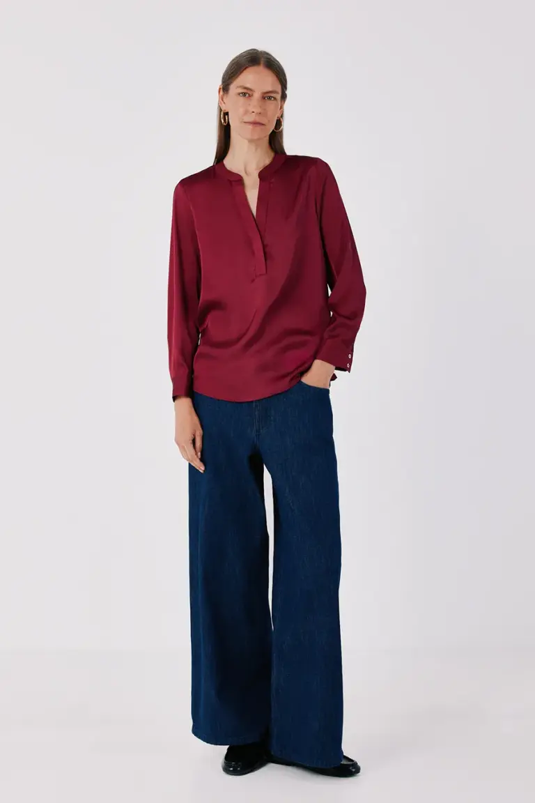 Satin-finish polo blouse