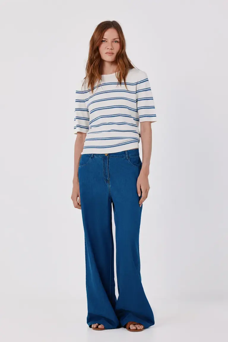 Short-sleeve metallic-stripe jumper